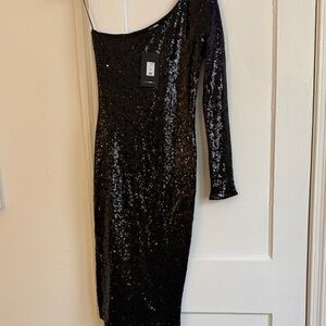 Fashion Nova Black Sequin One-Shoulder Dress